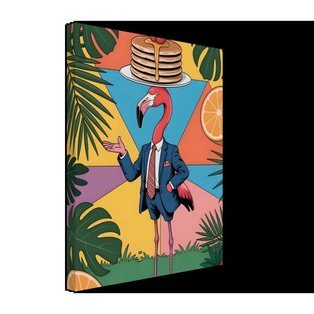 Canvas print of a flamingo waiter in a jungle brunch hallucination scene from PixiOnyx Brunch Jungle