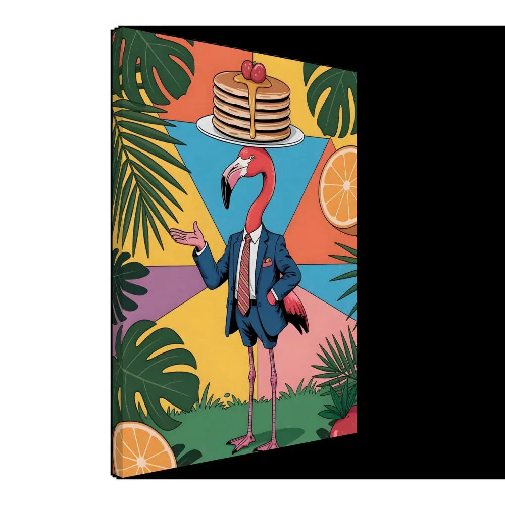 Whimsical flamingo waiter with pancakes on head in PixiOnyx Brunch Jungle setting