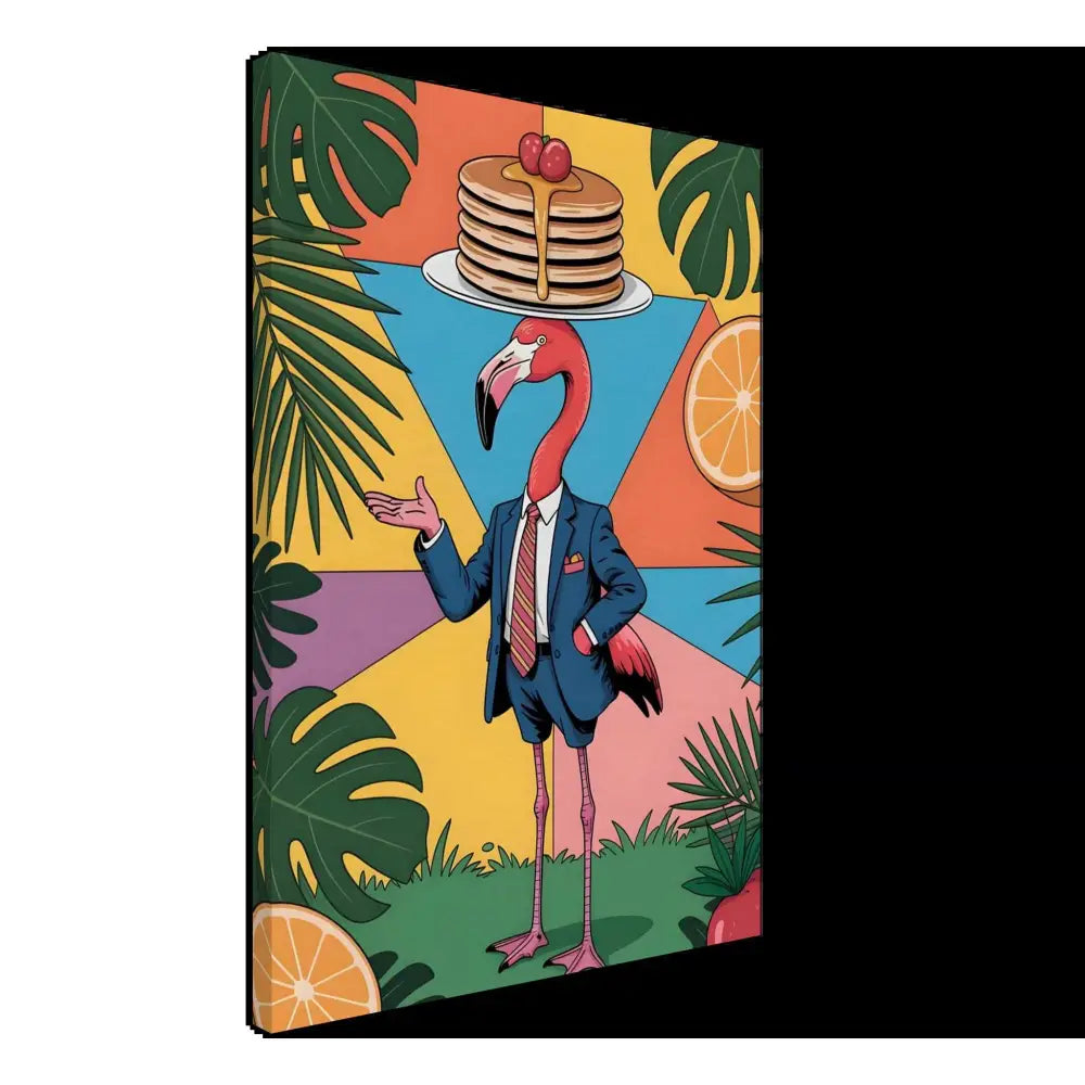 Flamingo waiter in a suit balancing pancakes in the Canvas PixiOnyx Brunch Jungle