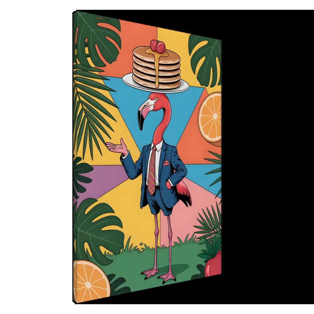 Flamingo waiter with pancakes on head in jungle brunch hallucination Canvas PixiOnyx
