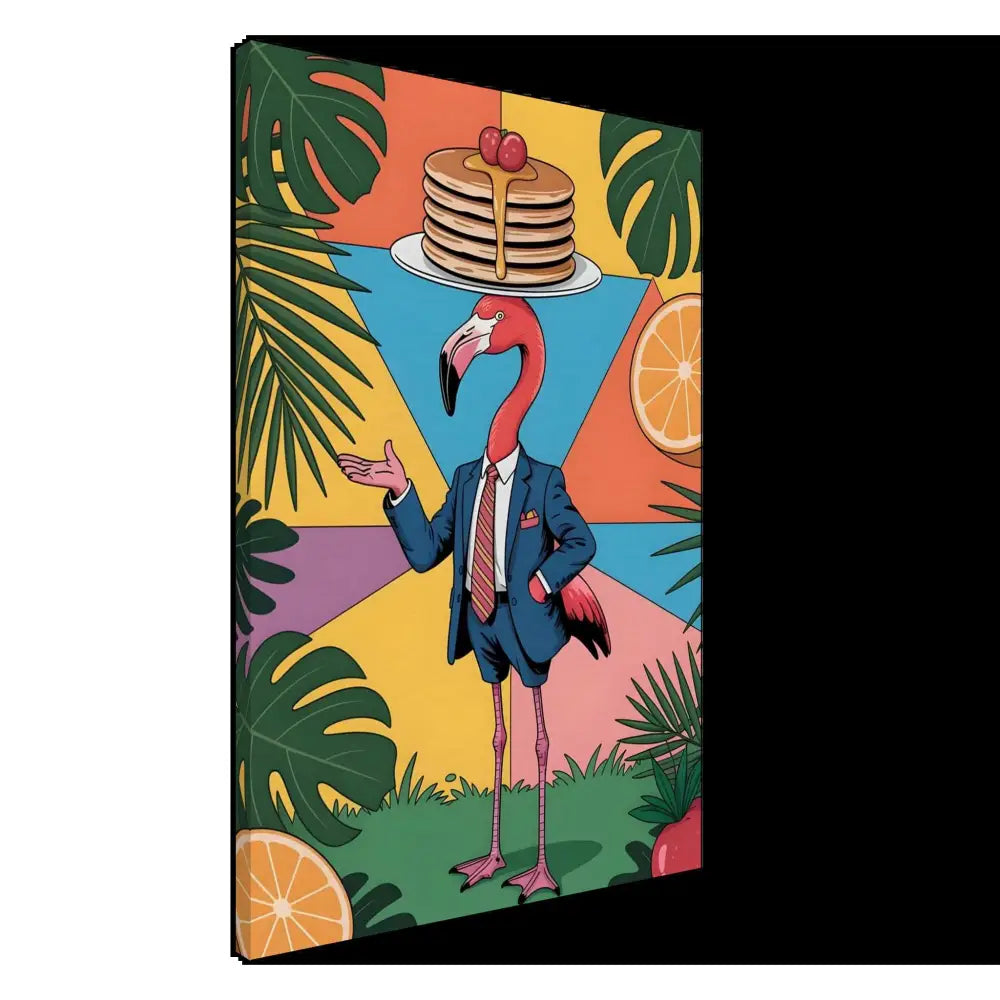 Flamingo waiter in suit balancing pancakes for Canvas Flamingo Waiter PixiOnyx Brunch Jungle