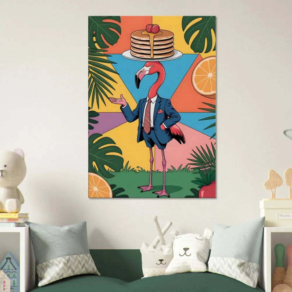 Vibrant flamingo waiter in suit balancing pancakes in jungle brunch hallucination artwork
