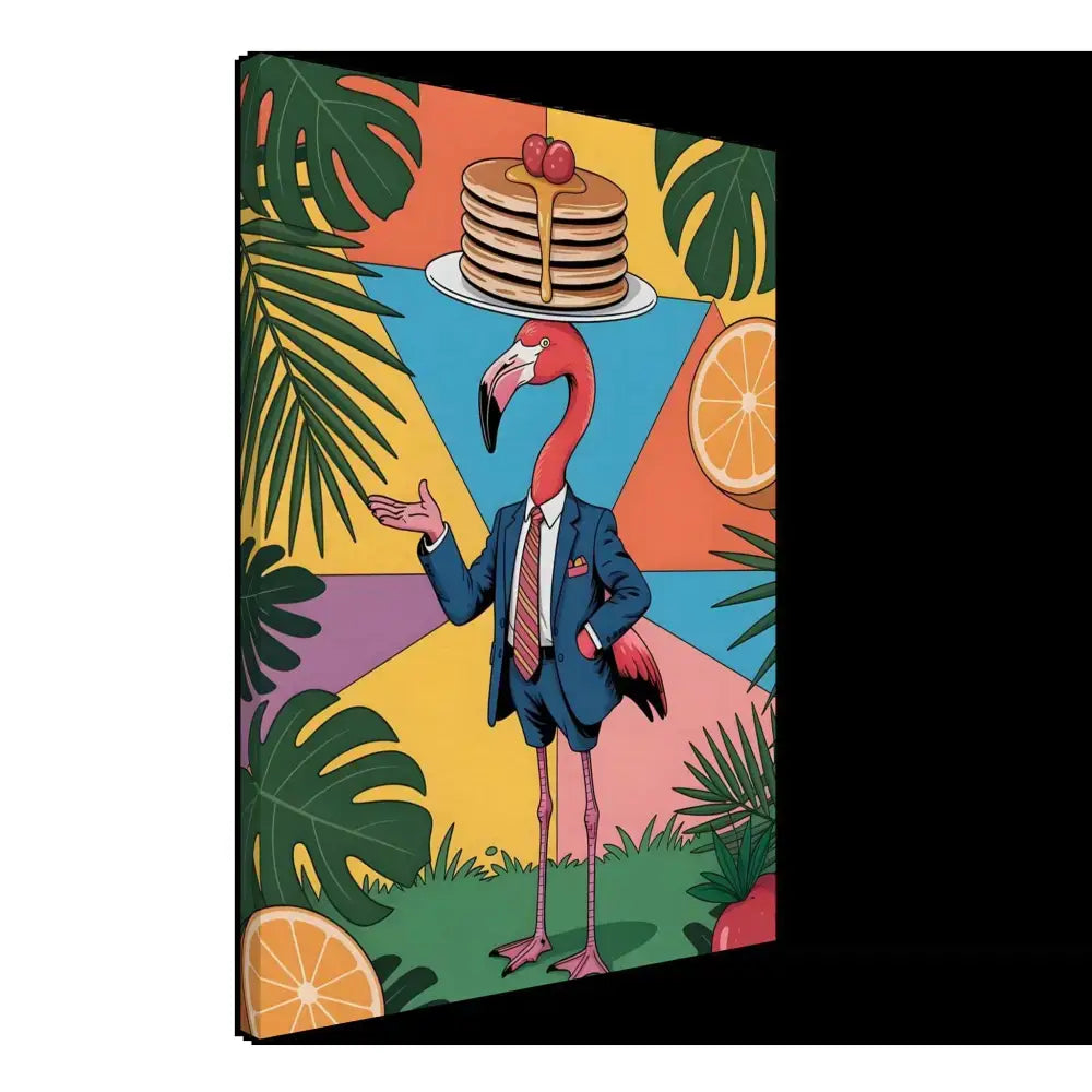 Flamingo waiter in suit with pancakes on head for Canvas Flamingo Waiter Jungle Brunch hallucination