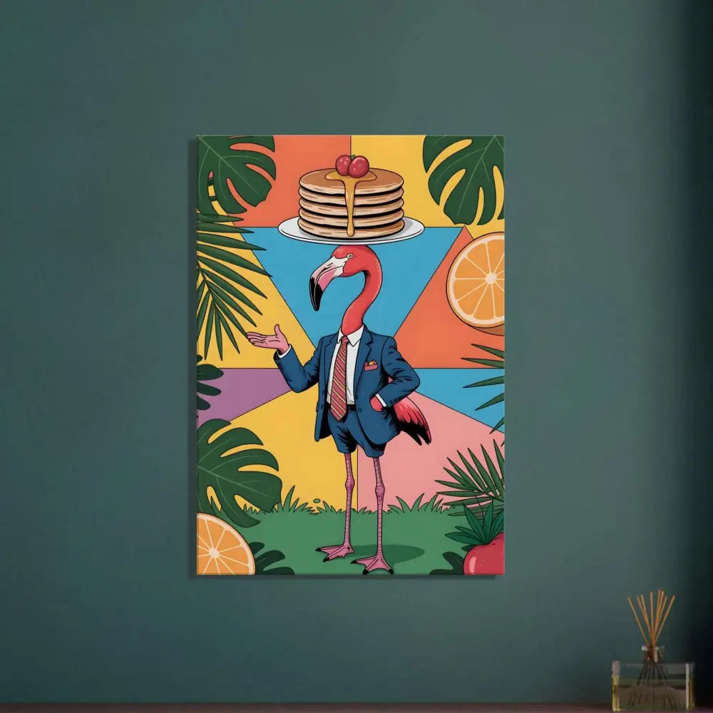 Canvas Flamingo Waiter with Pancakes in Jungle Brunch Hallucination style by PixiOnyx