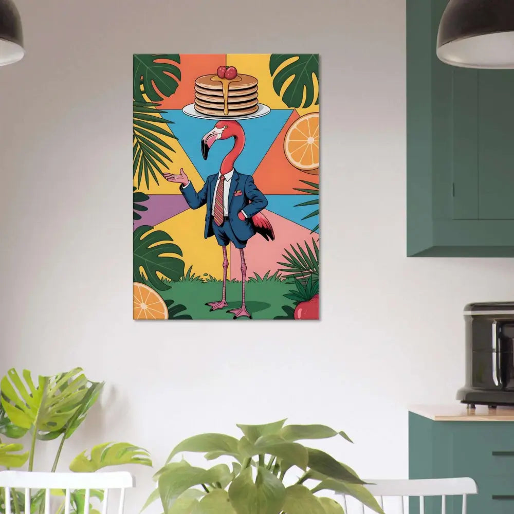 Vibrant Canvas Flamingo Waiter print with pancakes in a jungle brunch hallucination scene