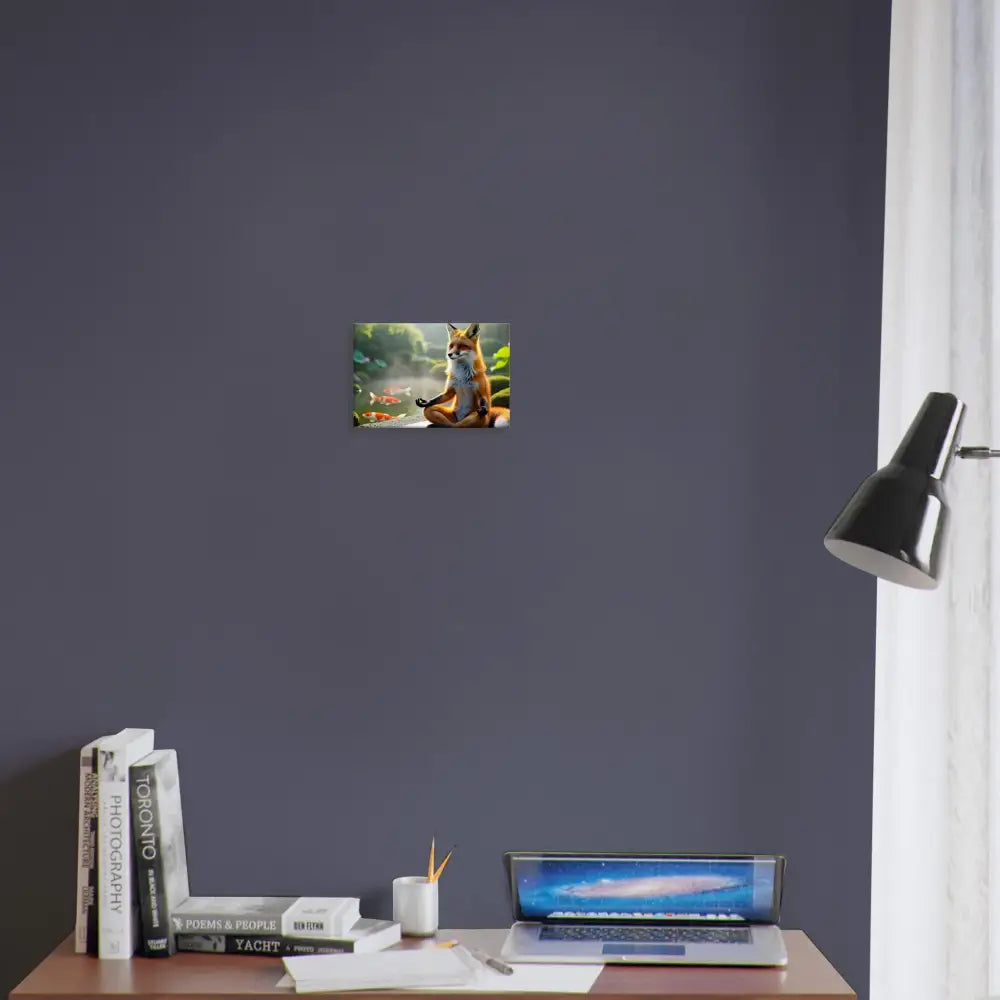 Framed fox meditating on PixiOnyx Tranquility Textile for a peaceful decor accent