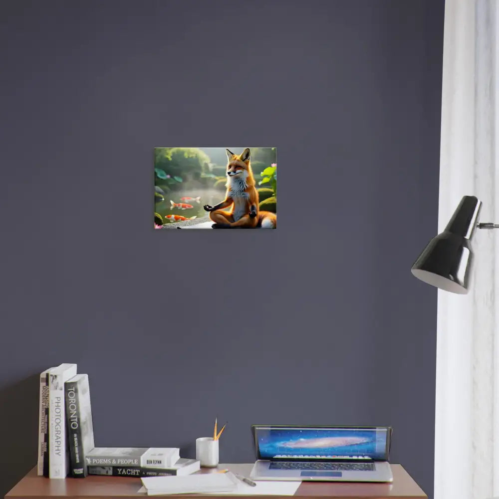 Framed Fox Meditating by a Pond on Canvas Foxasana PixiOnyx Tranquility Textile