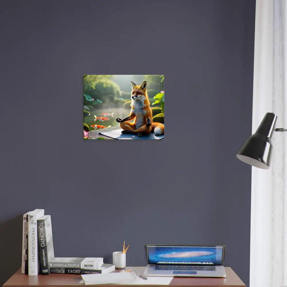 Fox meditating in a serene pond print on Canvas Foxasana PixiOnyx Tranquility Textile