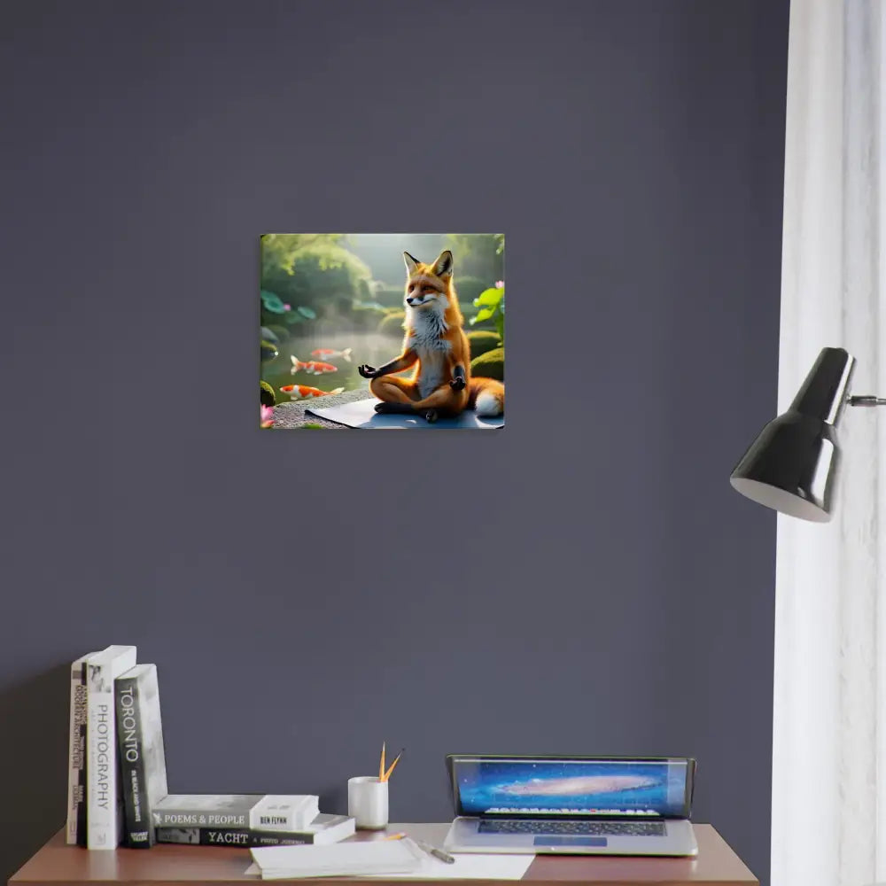 Framed fox meditating artwork on Canvas Foxasana PixiOnyx Tranquility Textile