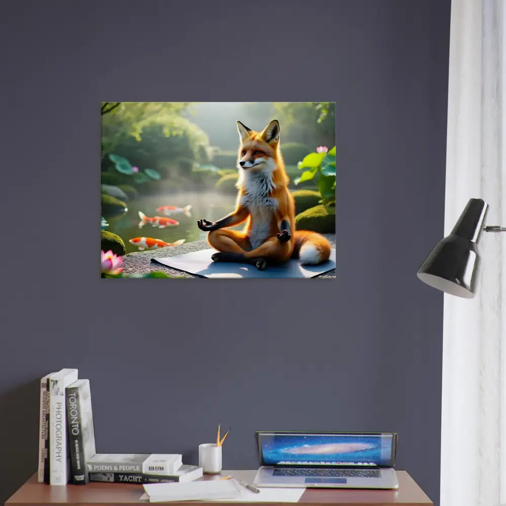 Framed fox meditating by pond on PixiOnyx Tranquility Textile Canvas Foxasana artwork