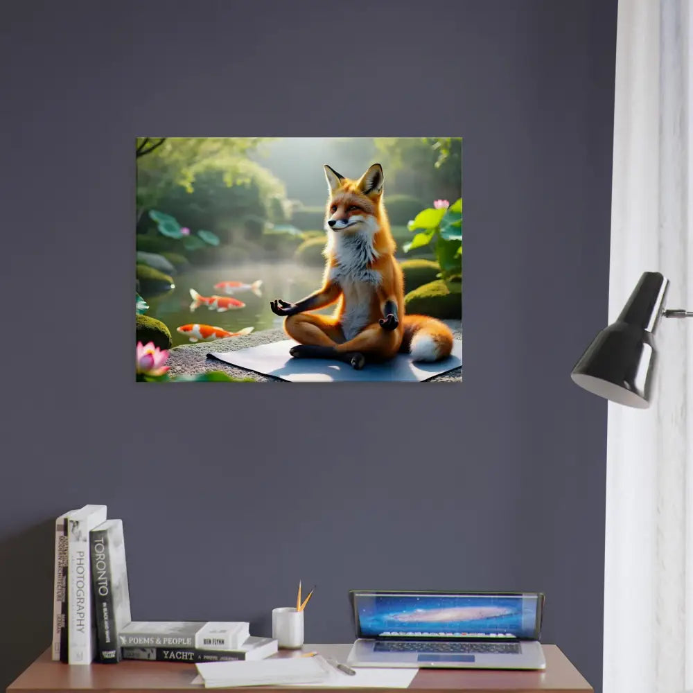 Fox meditating by a pond featured on Canvas Foxasana PixiOnyx Tranquility Textile