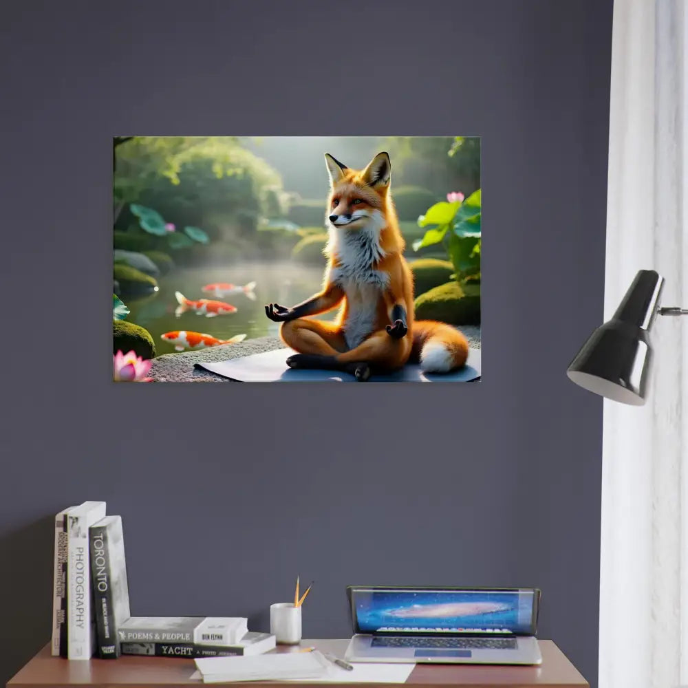 Fox meditating by a pond on Canvas Foxasana PixiOnyx Tranquility Textile