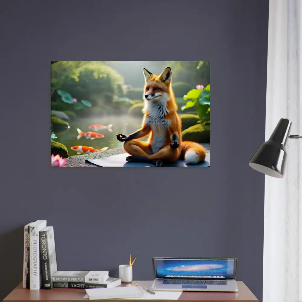 Framed Fox meditating artwork on Canvas – Foxasana PixiOnyx Tranquility Textile