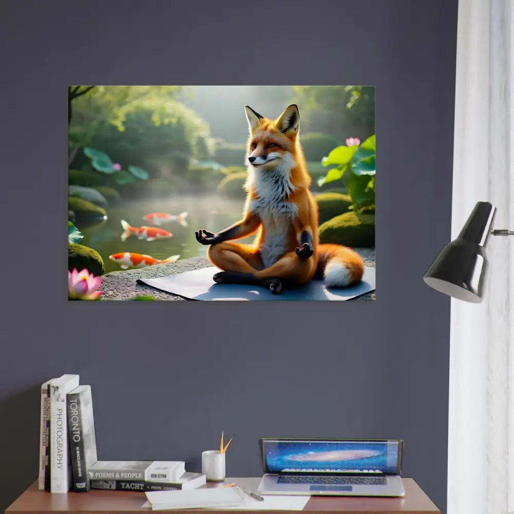 Fox meditating in a serene garden on Canvas – Foxasana PixiOnyx Tranquility Textile