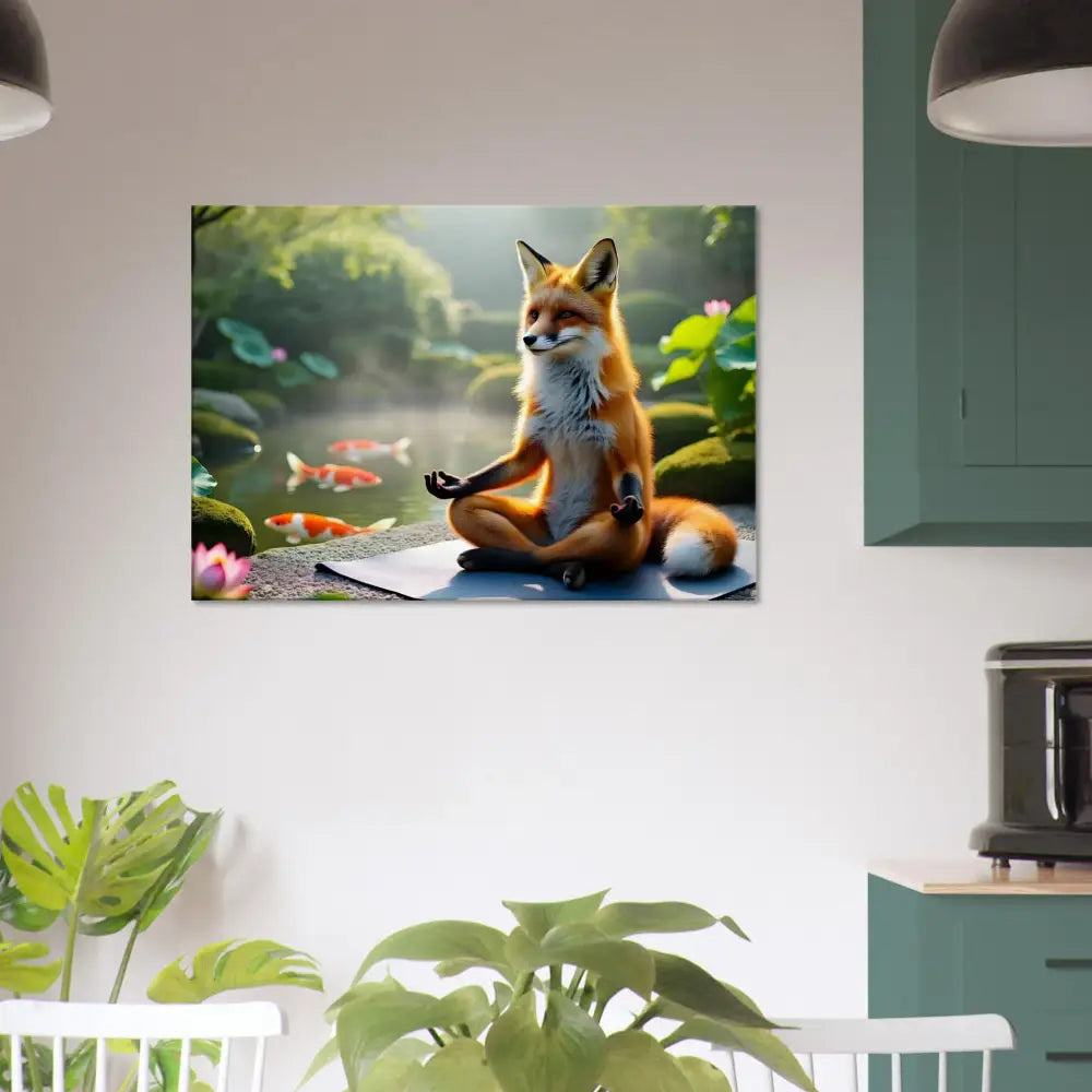 Framed fox meditating by a pond on Canvas Foxasana PixiOnyx Tranquility Textile
