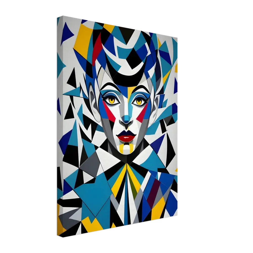 Geometric portrait painting displayed on PixiOnyx Dreamscape Canvas titled Fragmented Muse