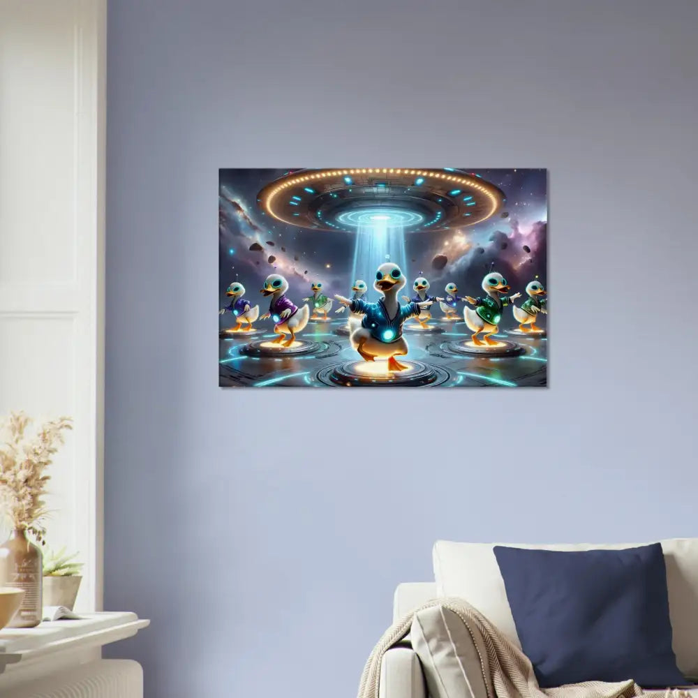 Framed duck-themed science fiction art on Canvas Galactic Dance Crew PixiOnyx Scene