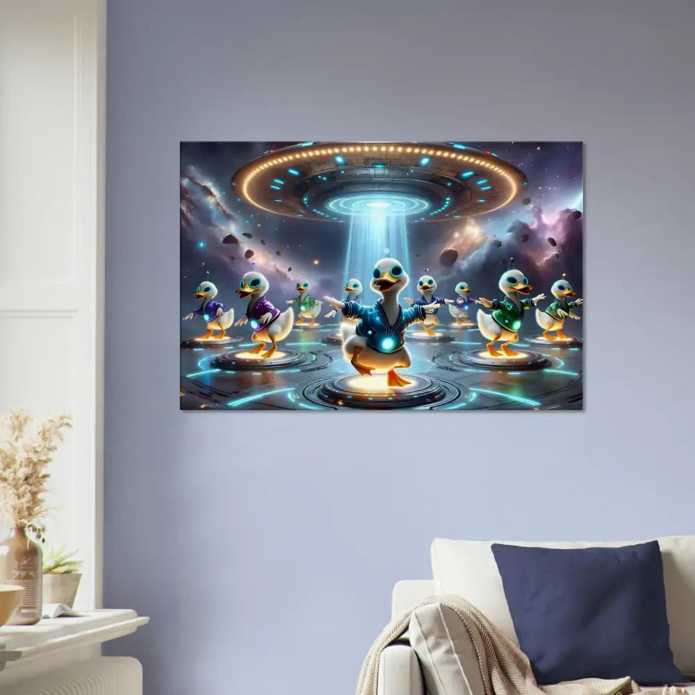 Humorous duck abduction artwork on Canvas Galactic Dance Crew PixiOnyx Astral Groove Scene