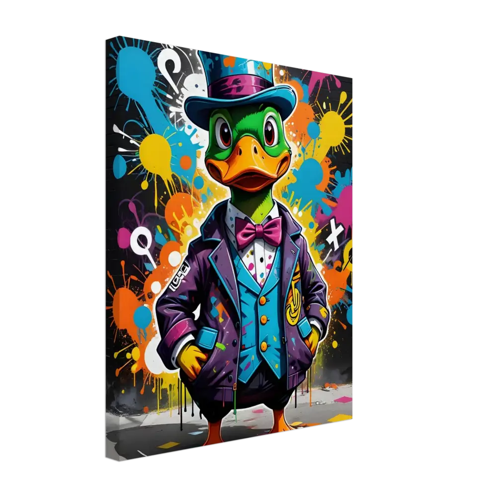 Cartoon duck in a colorful suit and top hat from Canvas Gangster Duck Swagger by PixiOnyx