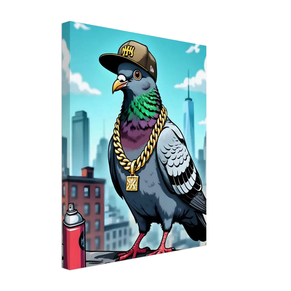 Cartoon pigeon wearing a hat and gold chain in PixiOnyx Rooftop Royalty Print
