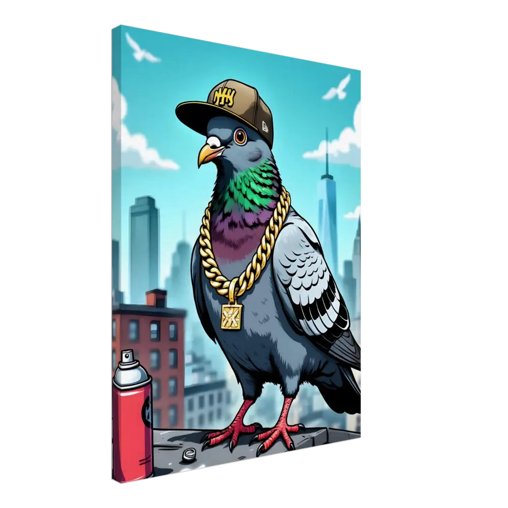 Cartoon pigeon wearing a hat and gold chain from Canvas Gangster Pigeon Skyline print