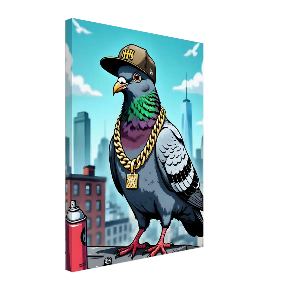 Cartoon pigeon wearing a hat and gold chain on Canvas Gangster Pigeon Skyline PixiOnyx print