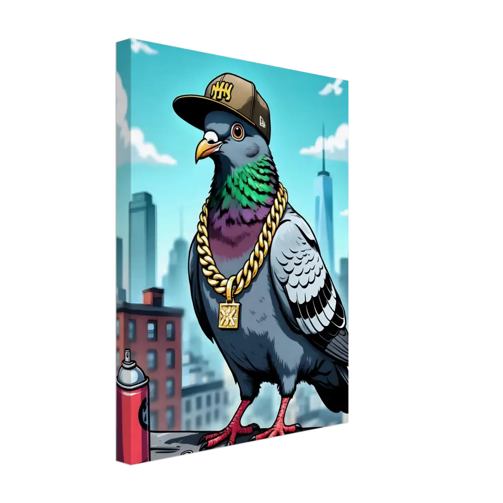 Cartoon pigeon in a hat and gold chain on PixelOnyx Rooftop Royalty Print canvas