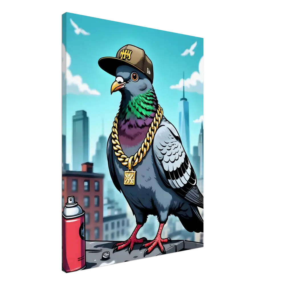 Cartoon pigeon with hat and gold chain on Skyline Rooftop Royalty Print Canvas
