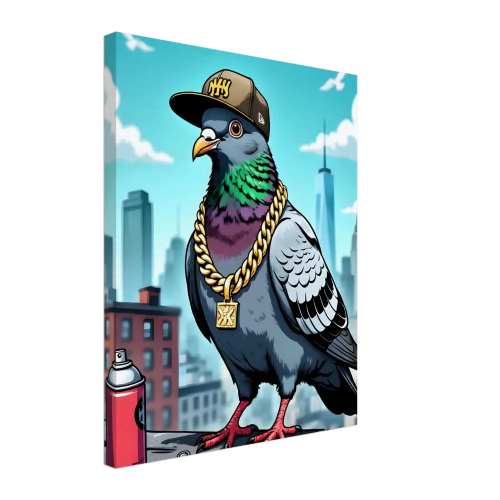 Cartoon pigeon wearing a hat and gold chain on Canvas Gangster Pigeon Skyline PixiOnyx print