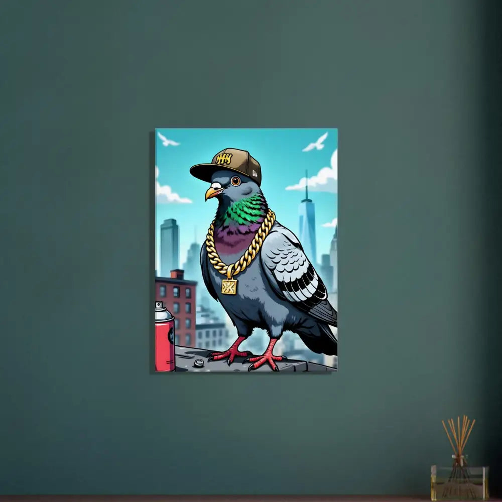 Urban pigeon art on Canvas – Gangster Pigeon Skyline rooftop royalty print