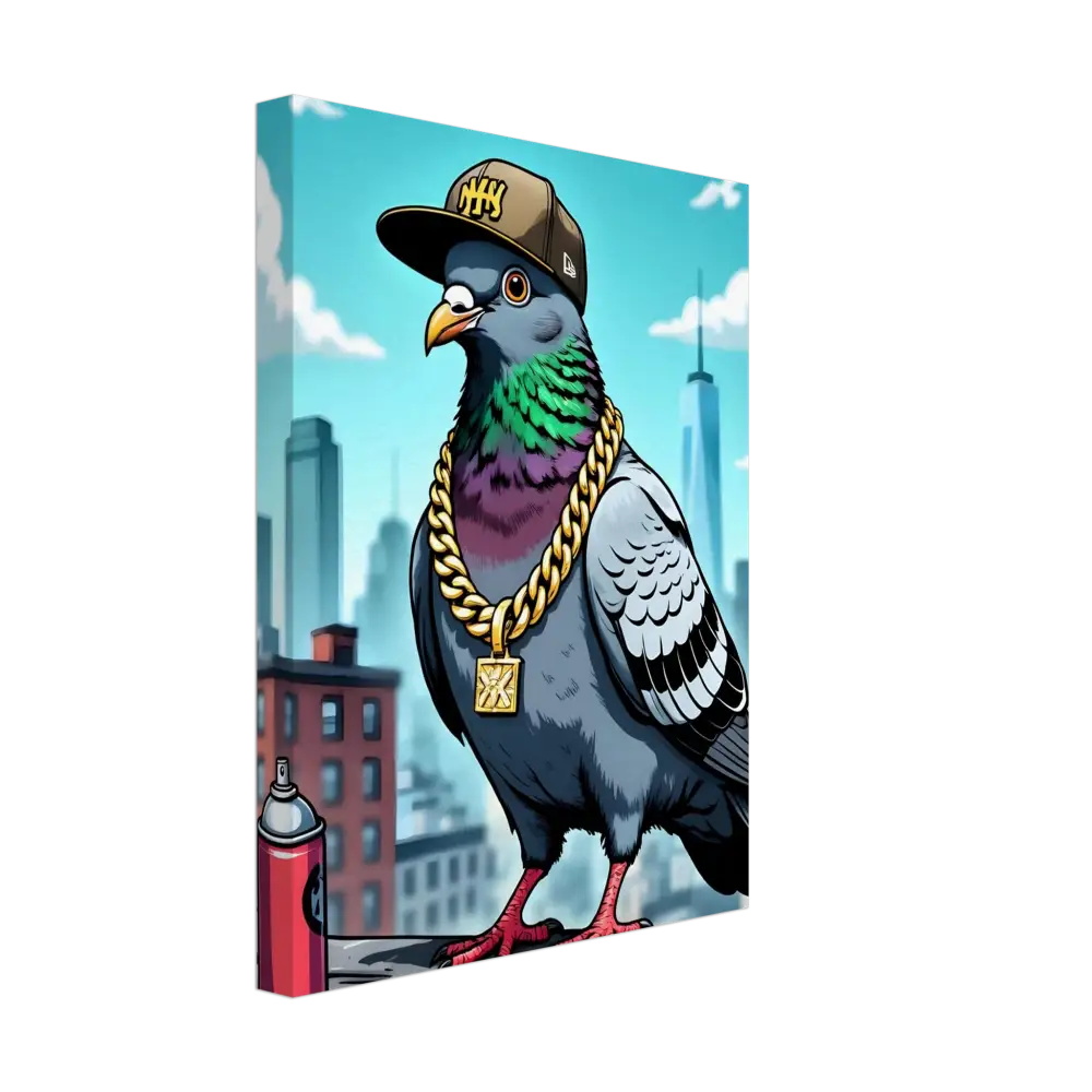Cartoon pigeon with a hat and gold chain on Canvas Gangster Pigeon Skyline Rooftop Royalty Print