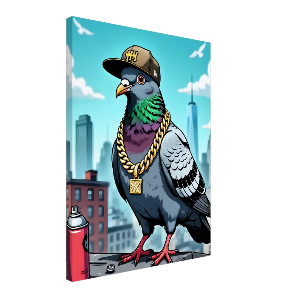 Cartoon pigeon wearing a hat and gold chain on Canvas Gangster Pigeon Skyline PixiOnyx Print