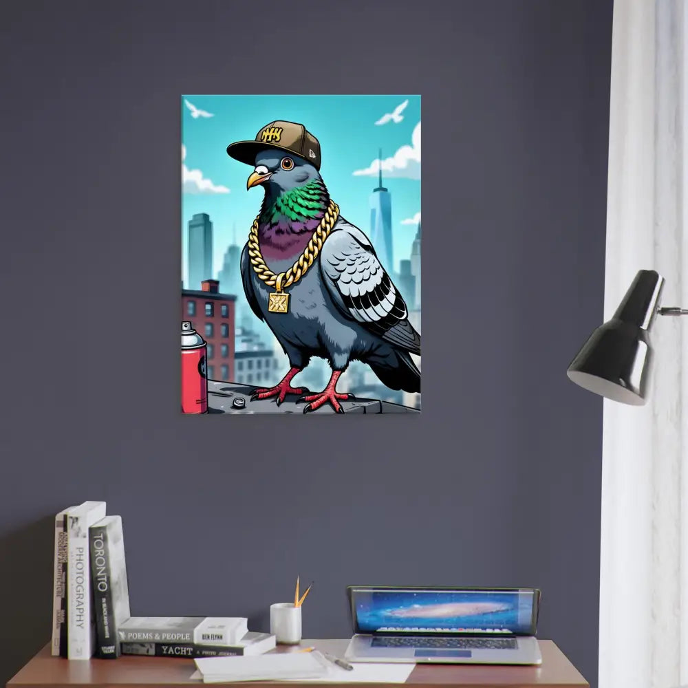 Framed pigeon art on Canvas Gangster Pigeon Skyline PixiOnyx Rooftop Royalty Print