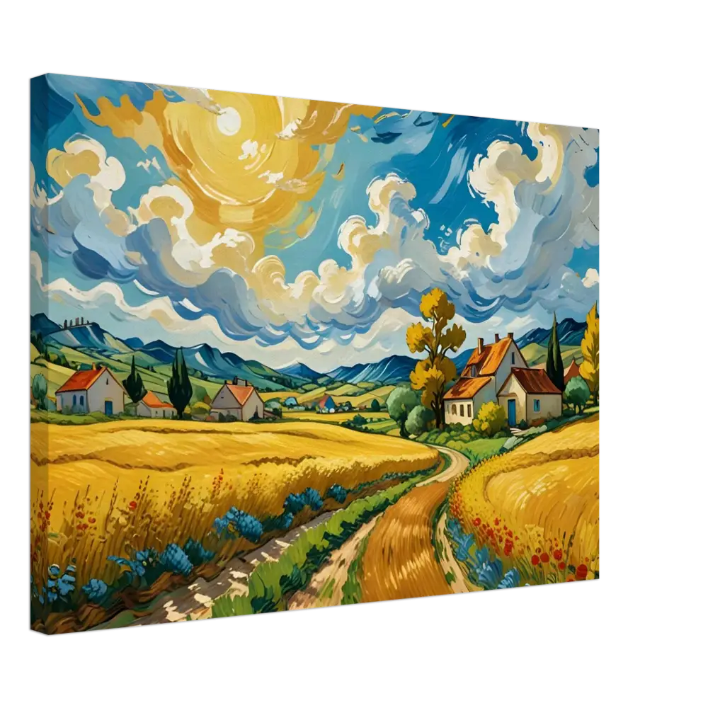 Vibrant landscape painting displayed on Canvas Golden Fields Reverie by PixiOnyx