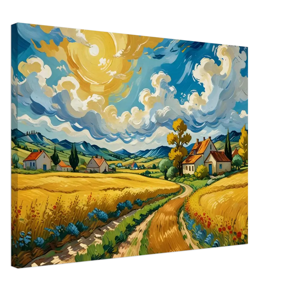 Vibrant landscape painting on Canvas – Golden Fields Reverie by PixiOnyx Pastoral Dreamscape