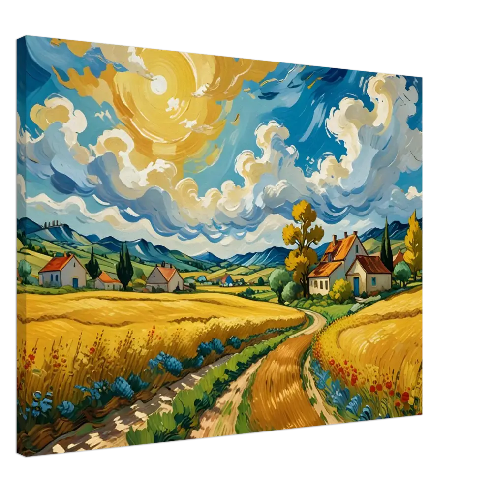 Vibrant landscape painting titled Golden Fields Reverie on Canvas PixiOnyx Pastoral Dreamscape