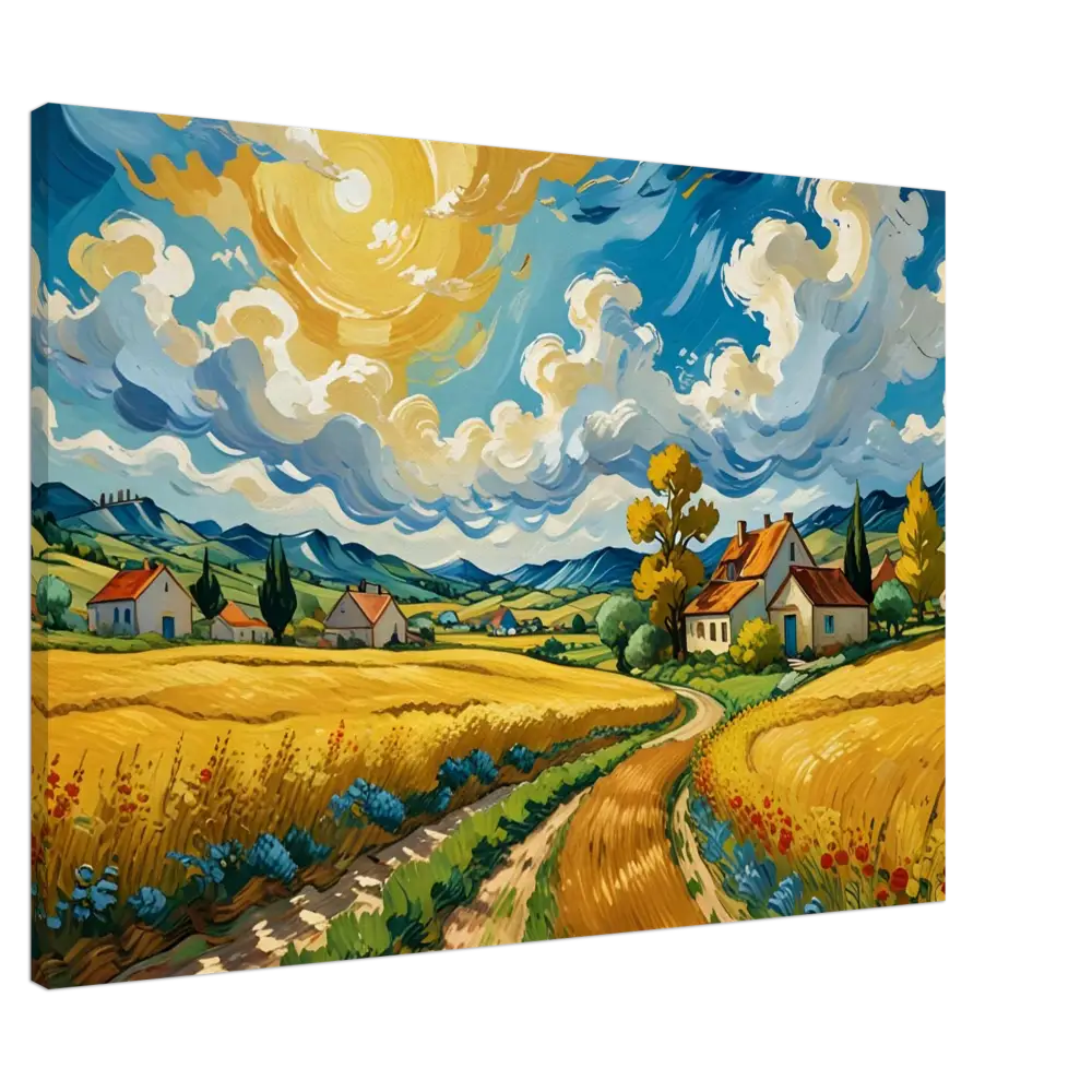 Vibrant landscape painting featuring golden fields in PixiOnyx Canvas – Golden Fields Reverie