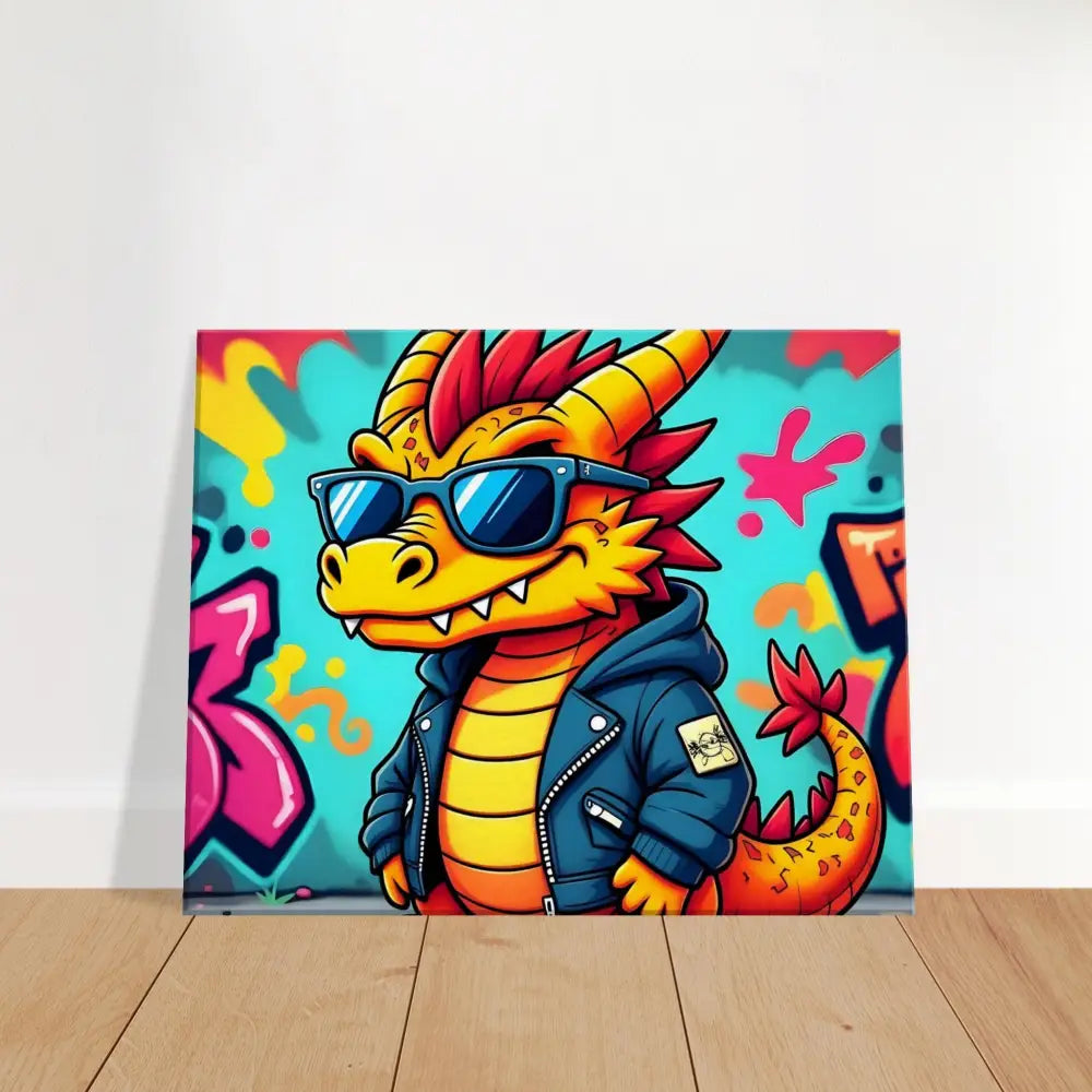 Cartoon dragon in a jacket and sunglasses on Canvas Graffiti Groove Dragon PixiOnyx Urban Pop