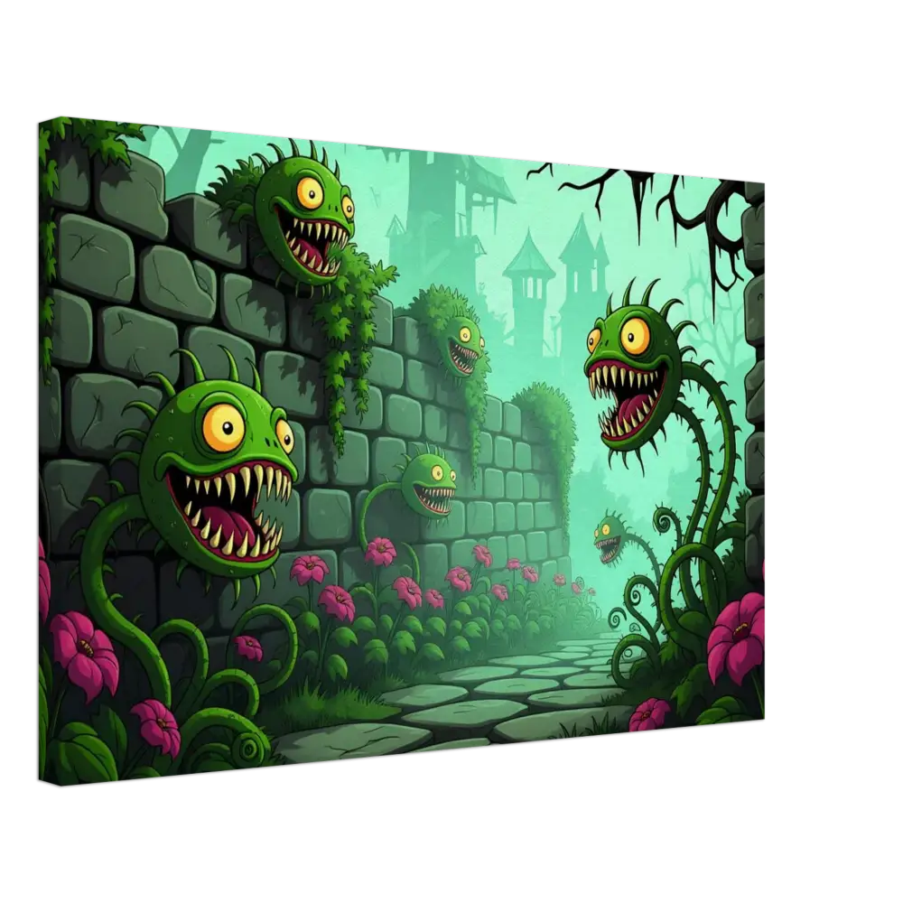 Colorful cartoonish carnivorous plants guarding a stone path in PixiOnyx Surreal Fantasy Nature Canvas