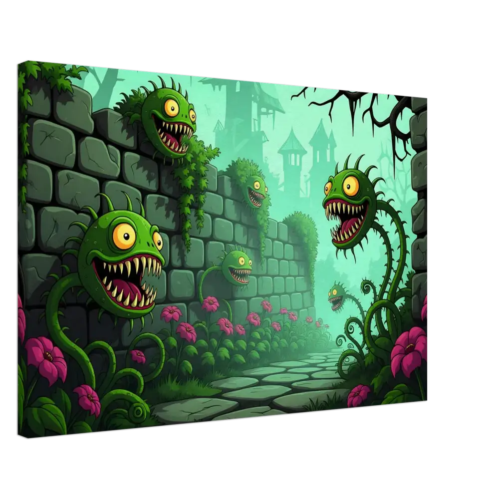 Cartoonish carnivorous plants guarding a stone path in Grinvine Grove Canvas by PixiOnyx