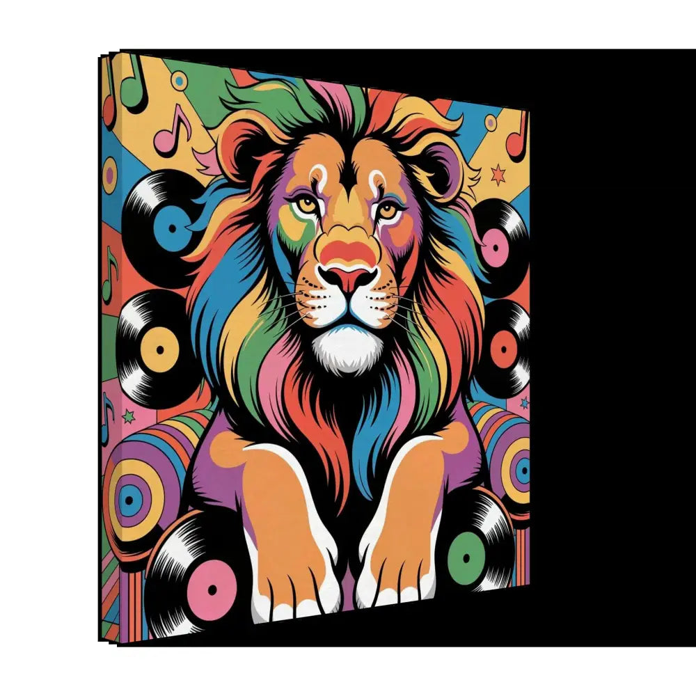 Vibrant Lion Art Print with Musical Notes and Vinyl Records in Walls Groove PixiOnyx Rhythm Jungle Canvas – Groove King