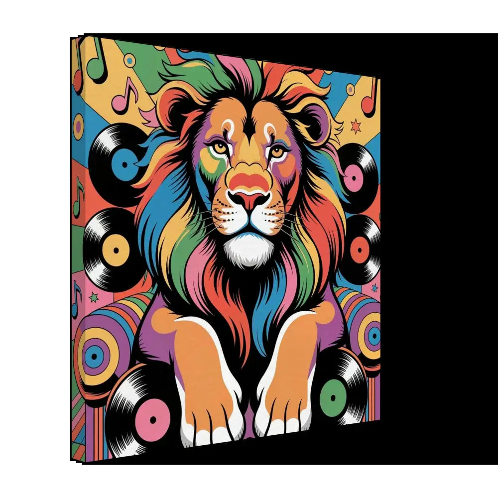 Colorful pop art lion with vinyl records in Canvas Groove King PixiOnyx Rhythm Jungle walls groove