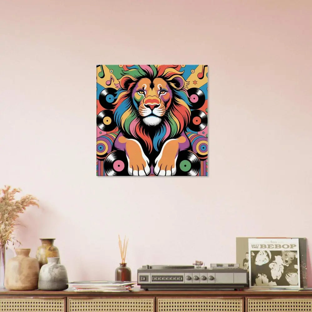 Colorful lion art print with vinyl records and musical notes for walls groove in PixiOnyx Rhythm Jungle