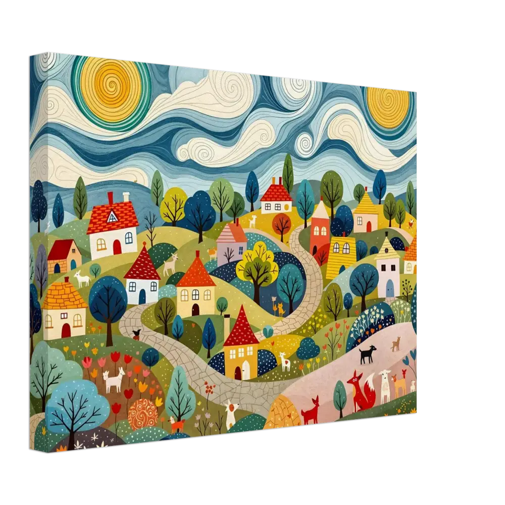 Colorful village landscape painting on Canvas Hillside Harmony from PixiOnyx Pastoral Glow Series