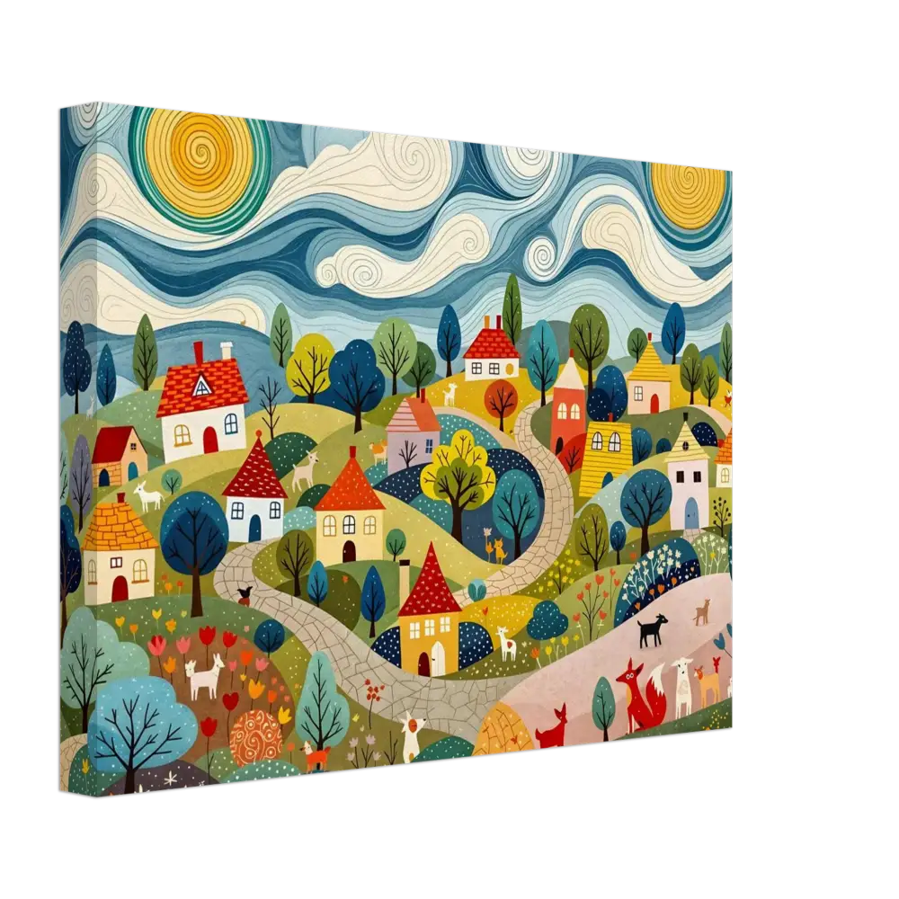 Whimsical village scene on Canvas Hillside Harmony from PixiOnyx Pastoral Glow Series