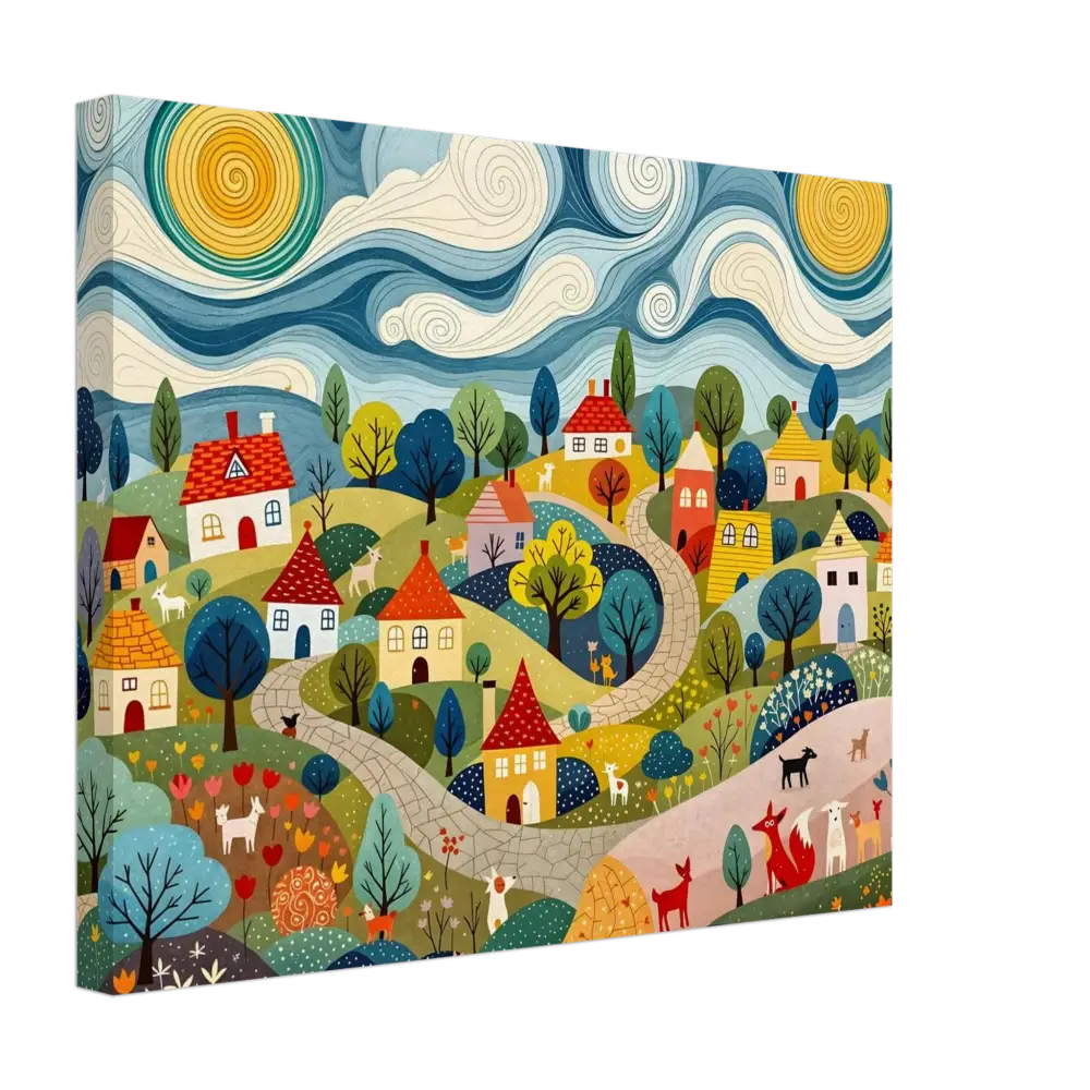 Whimsical village landscape painting from Canvas Hillside Harmony PixiOnyx Pastoral Glow Series