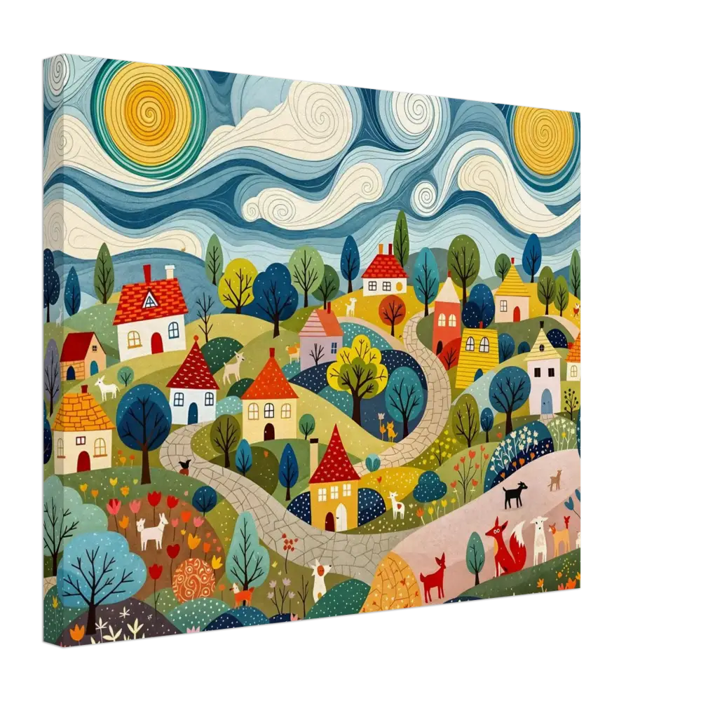 Whimsical village landscape art from Canvas Hillside Harmony PixiOnyx Pastoral Glow Series
