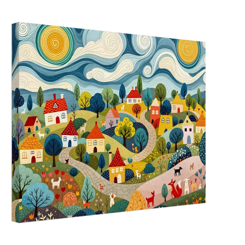Colorful village landscape painting from Canvas Hillside Harmony PixiOnyx Pastoral Glow Series