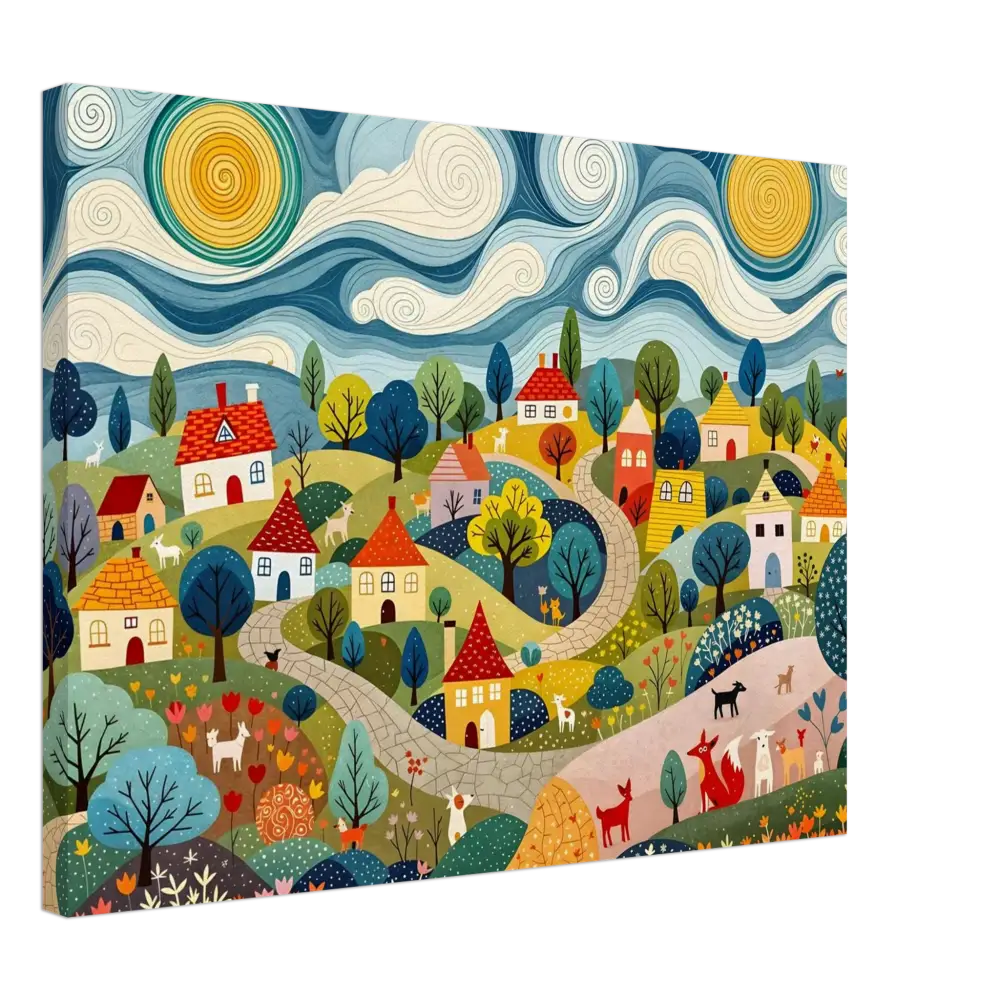 Whimsical village landscape painting from Canvas Hillside Harmony PixiOnyx Pastoral Glow Series