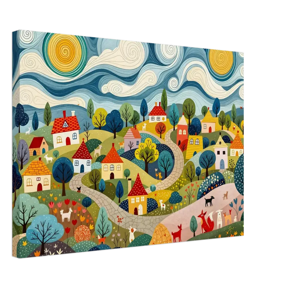 Colorful whimsical village painting from Canvas Hillside Harmony PixiOnyx Pastoral Glow Series